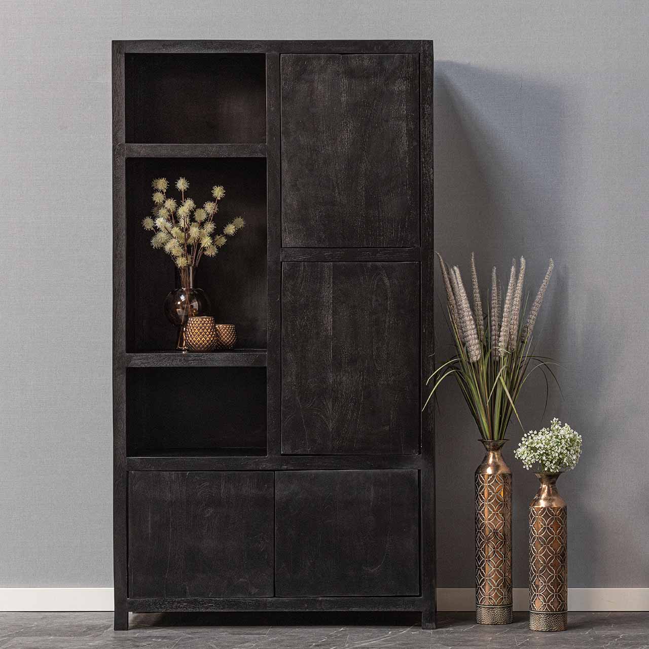 Mangohouten Wandkast Evan 120 cm (3 open vakken, 4 deuren)